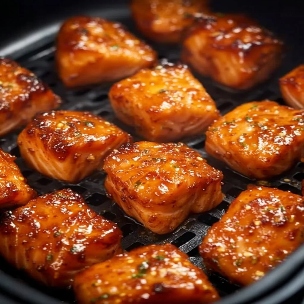 Delicious air fryer salmon bites served with dipping sauce