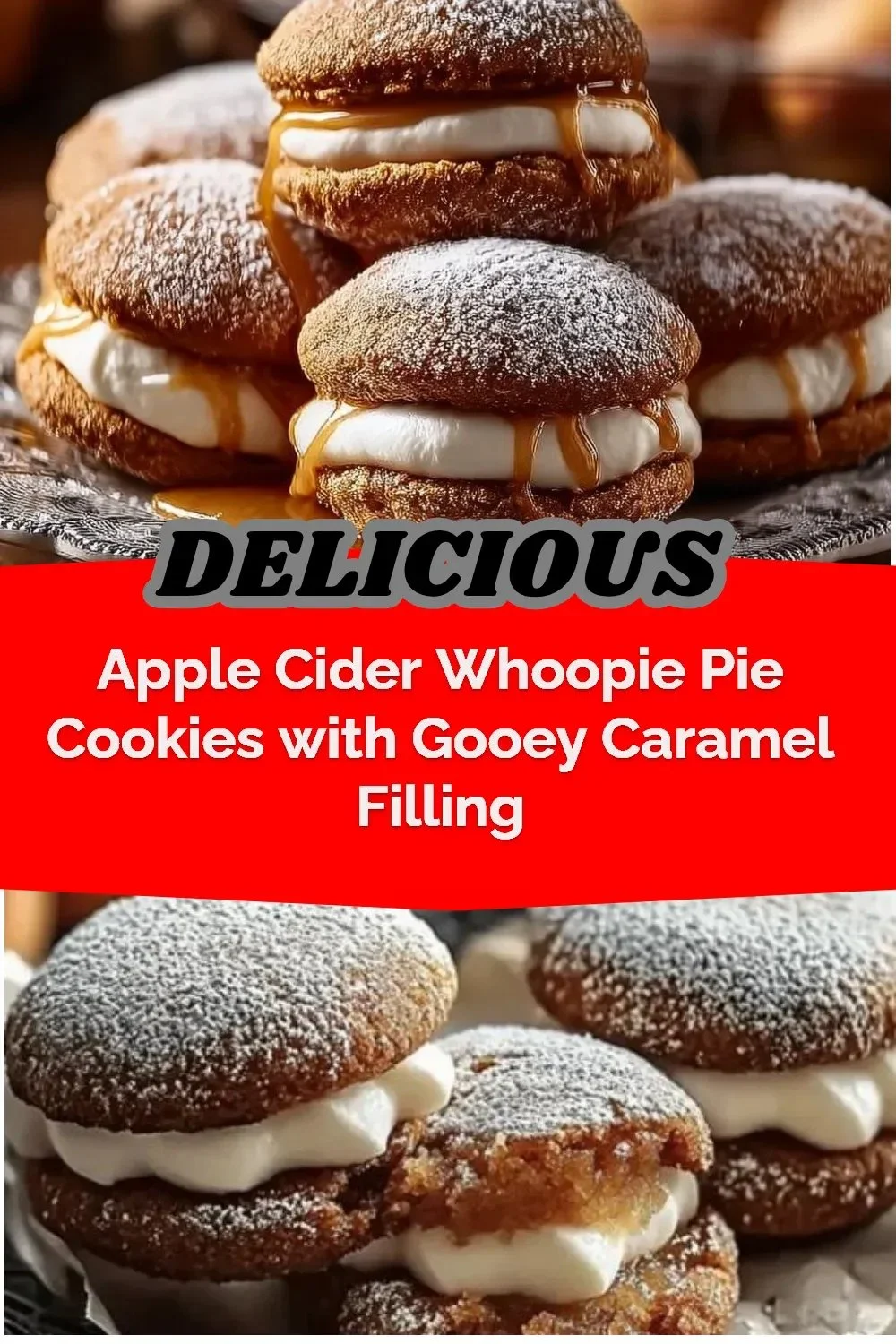 Apple Cider Whoopie Pie Cookies with caramel filling on a wooden table