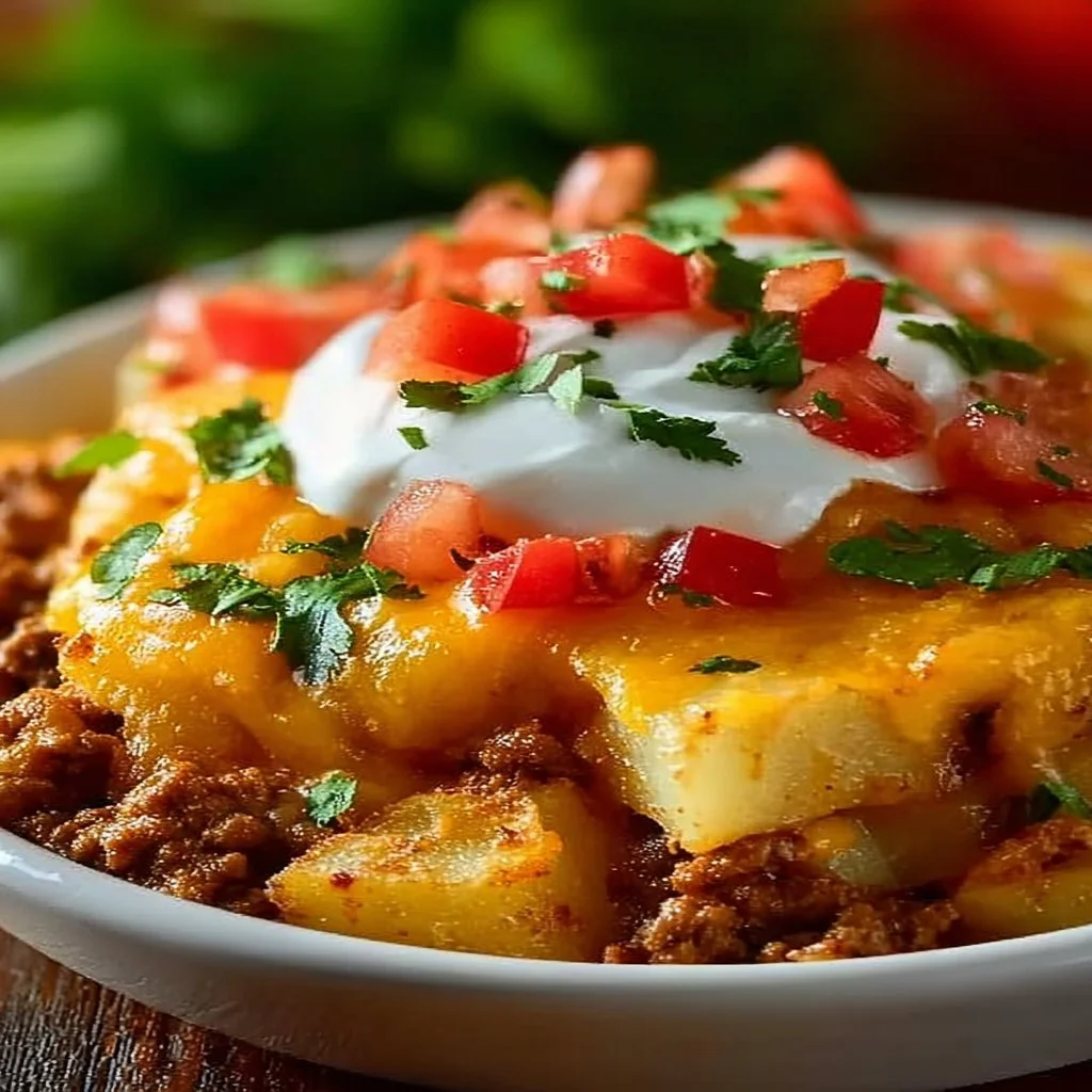 Cheesy Taco Potato dish garnished with toppings on a plate