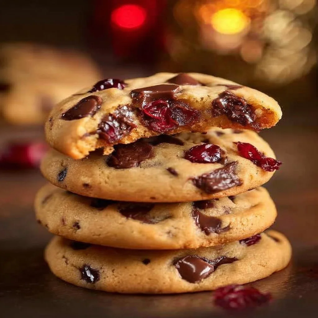 Chewy chocolate chip cranberry cookies on a wooden table