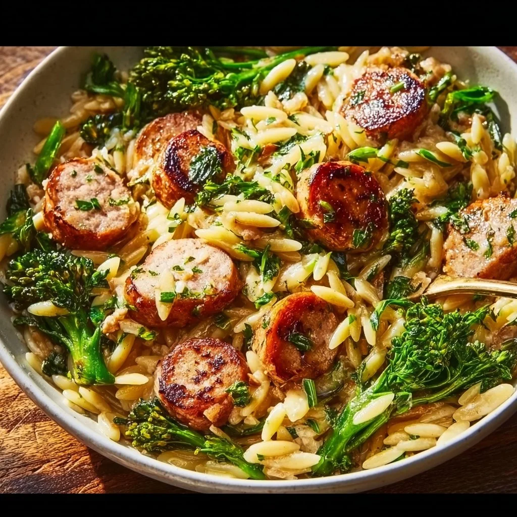 Delicious bowl of Chicken Sausage Orzo with fresh herbs and vegetables