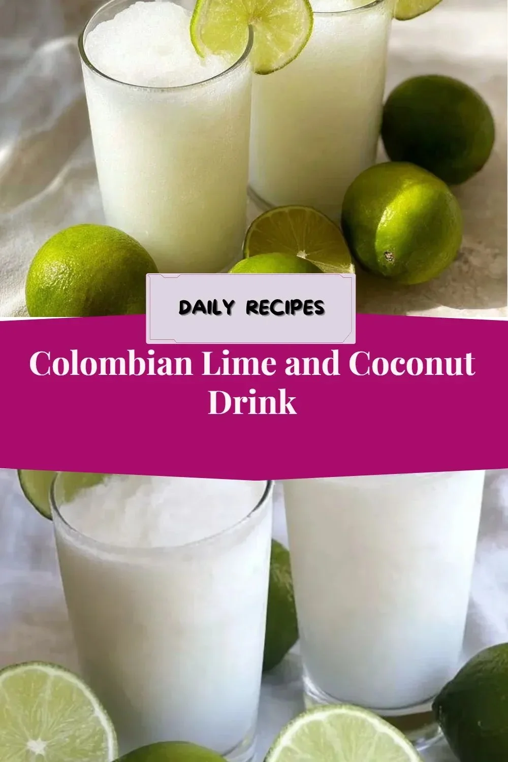 Colombian lime coconut drink in a glass with fresh lime and coconut garnish