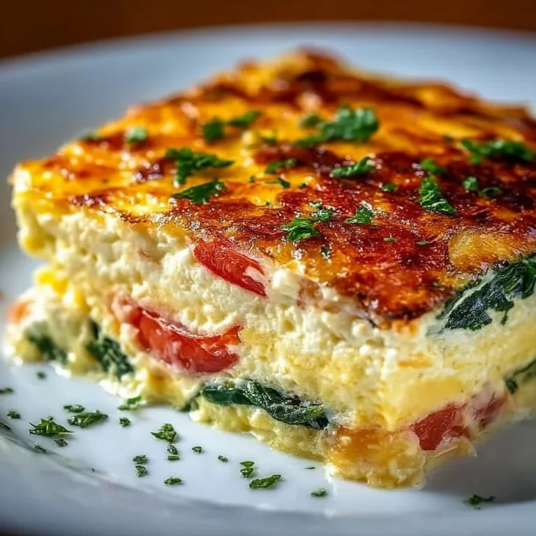 Cottage Cheese Egg Bake topped with herbs and vegetables in a baking dish