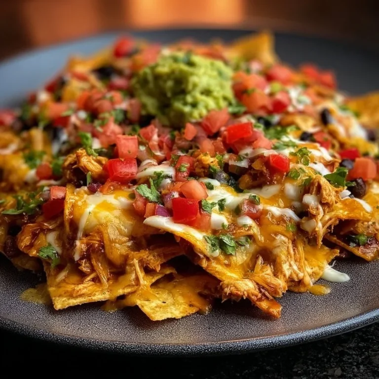 Delicious creamy chicken nachos topped with cheese and fresh ingredients.