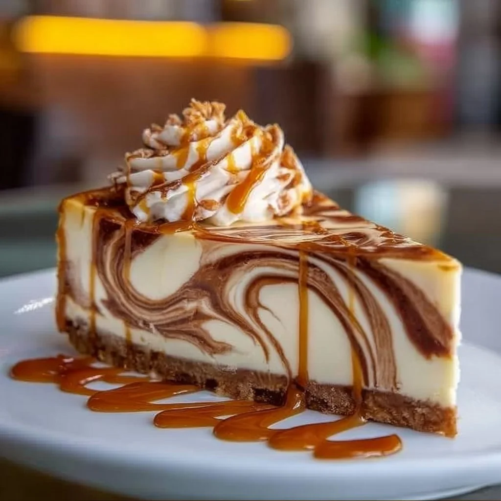 Slice of creamy coffee swirl cheesecake with a rich coffee topping