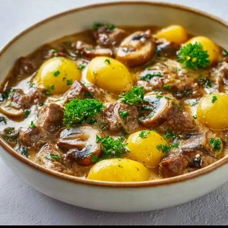 Creamy garlic mushroom beef served in a bowl with fresh herbs