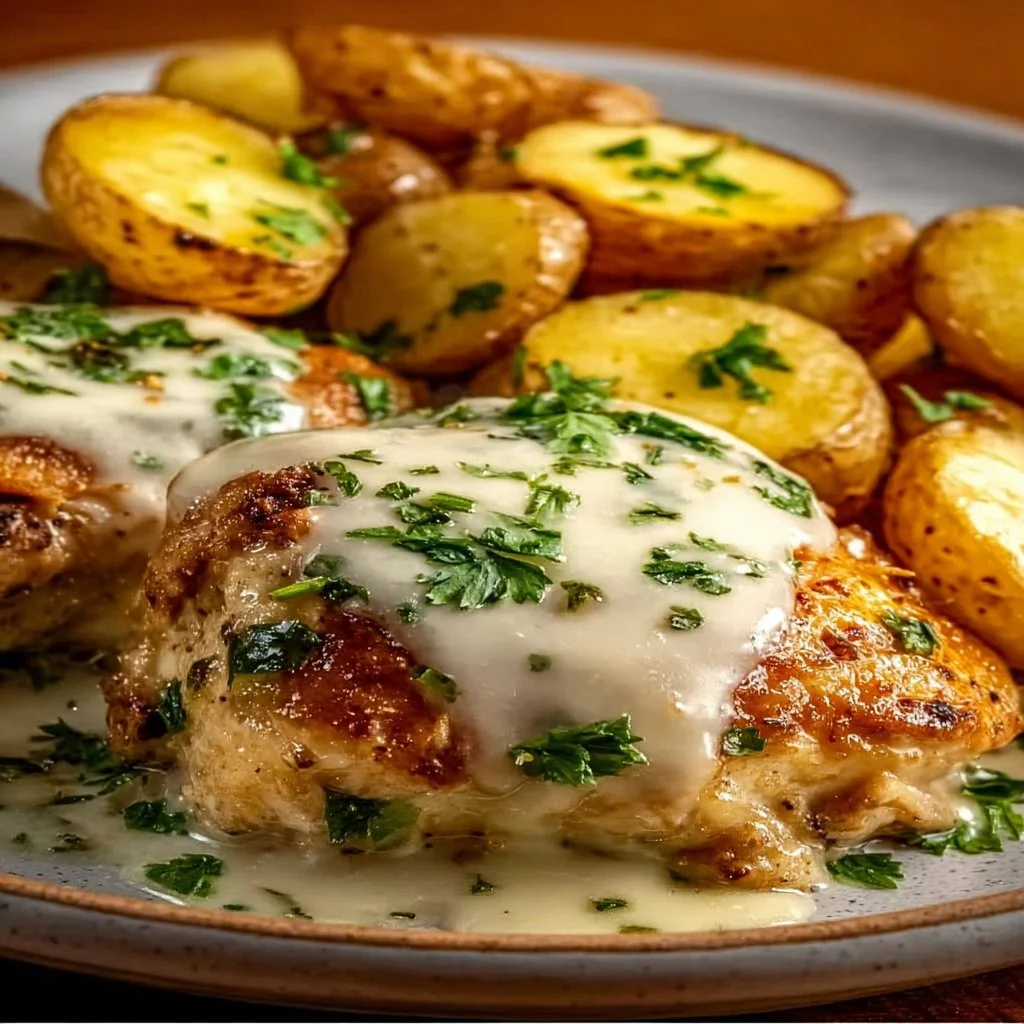 Delicious Garlic Parmesan Chicken served with roasted potatoes