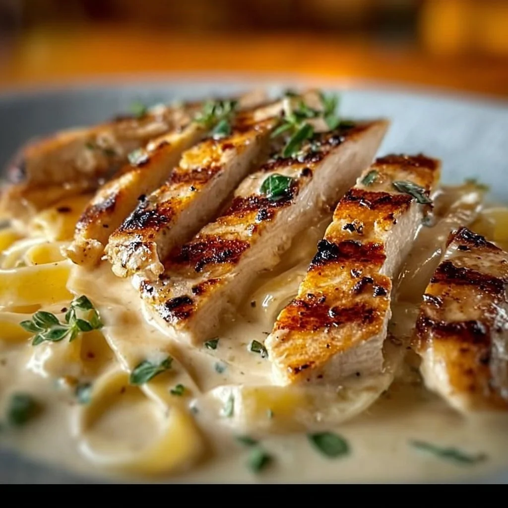 Delicious Grilled Chicken Alfredo Pasta topped with fresh parmesan and parsley