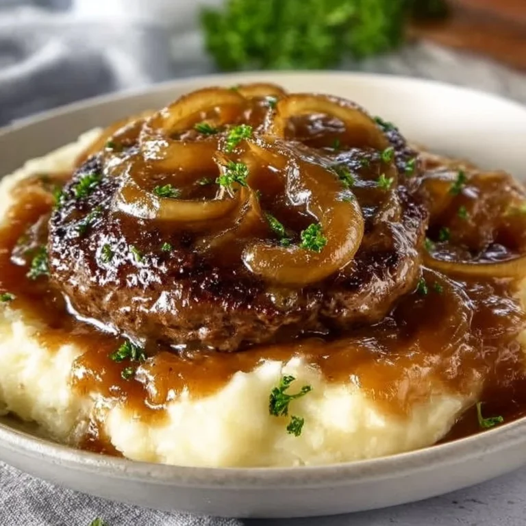 Juicy hamburger steak served with rich gravy on a plate