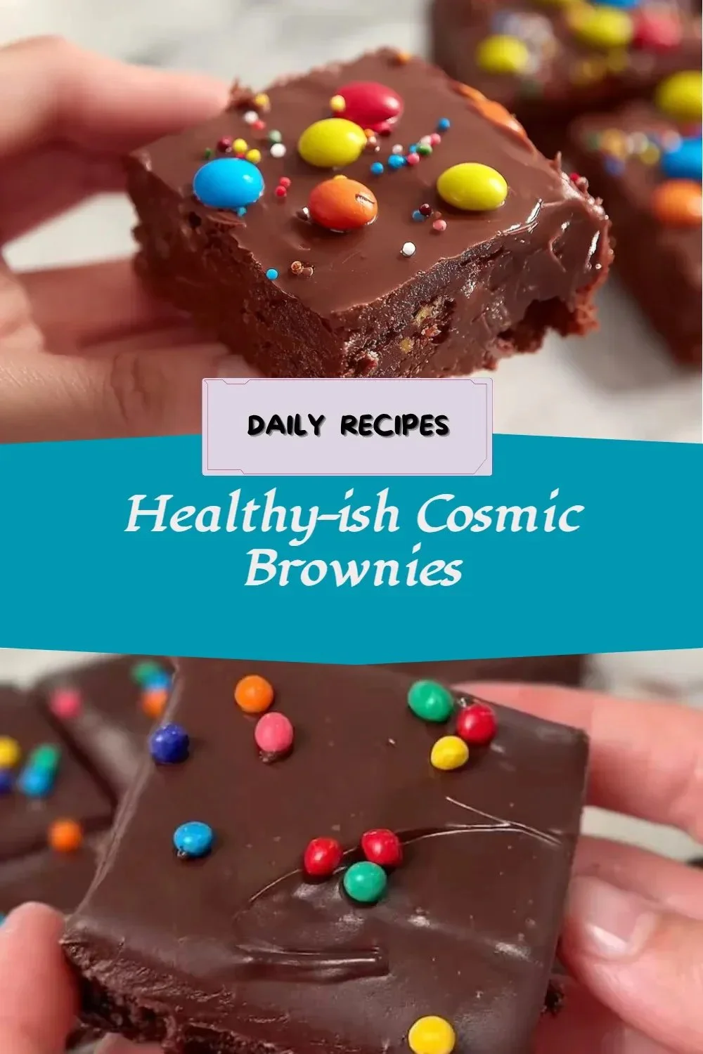 Healthy-ish Cosmic Brownies served on a plate, topped with chocolate drizzle and nuts.