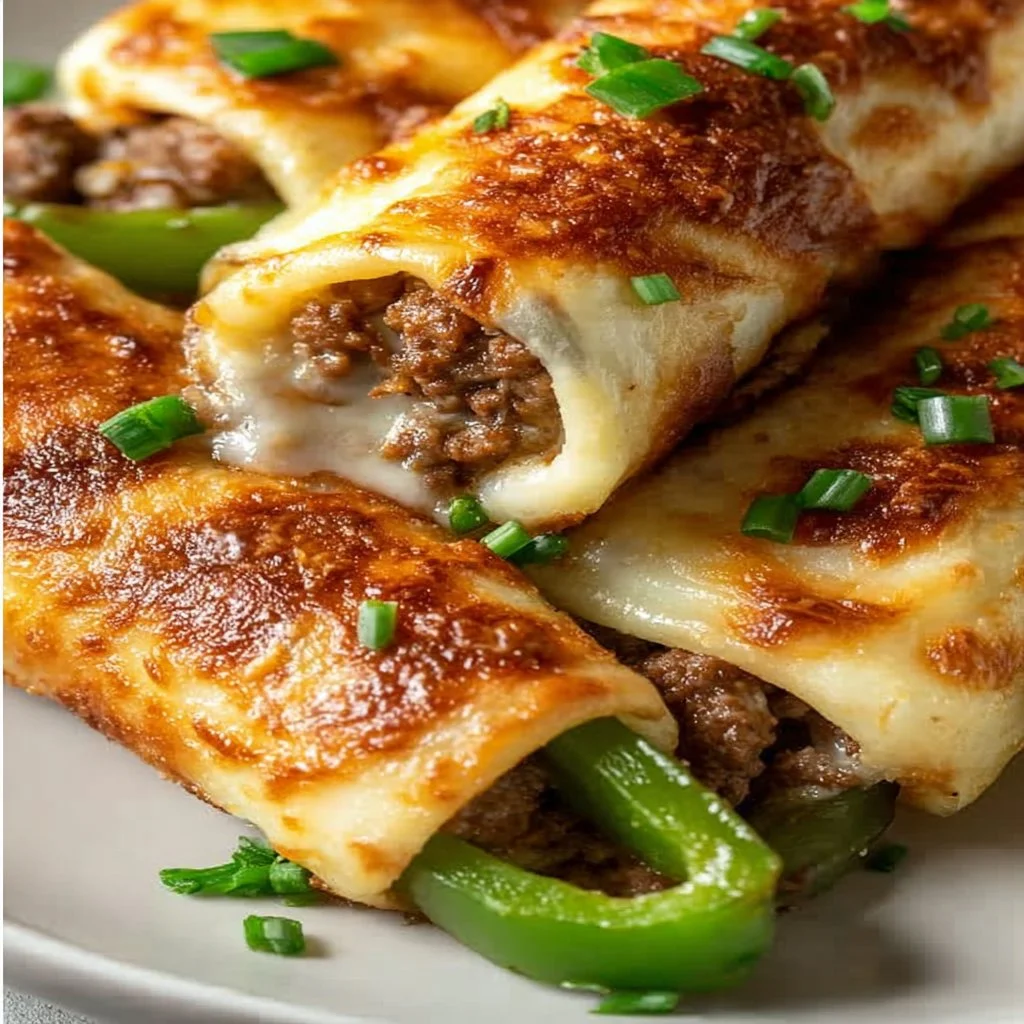 Keto Philly Cheesesteak Roll-Ups with cheese and beef