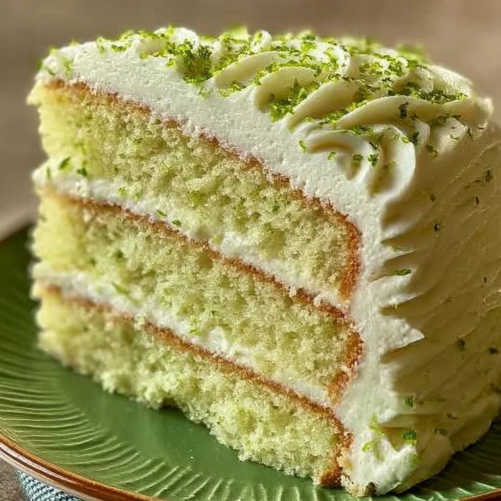 Delicious Key Lime Cake with Cream Cheese Frosting on a white plate