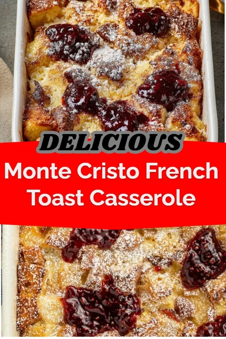 Deliciously baked Monte Cristo French Toast Casserole topped with powdered sugar