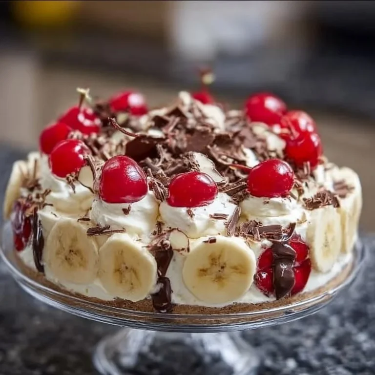 No Bake Banana Split Cheesecake topped with chocolate and whipped cream
