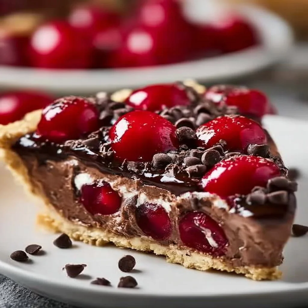No-Bake Chocolate Cherry Pie topped with cherries and chocolate shavings