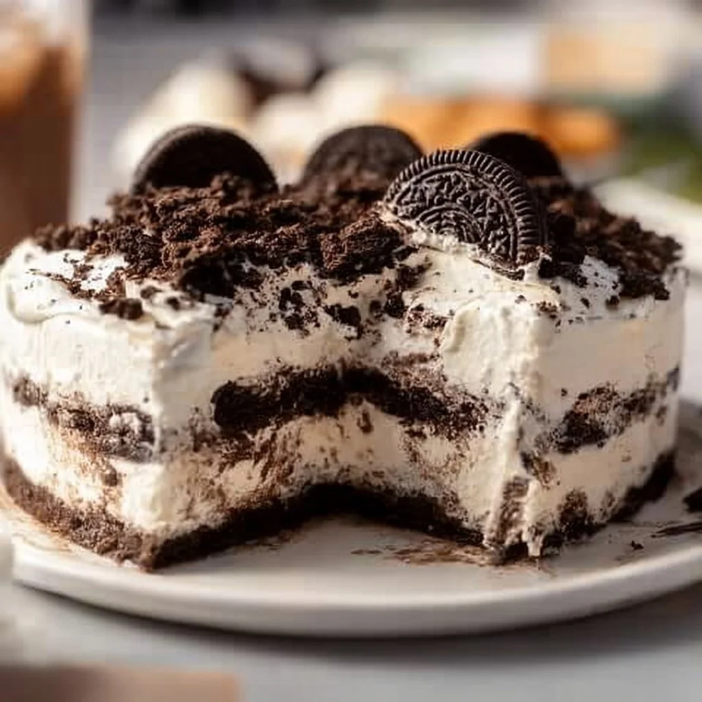 No-Bake Oreo Ice Cream Cake topped with whipped cream and crushed Oreos