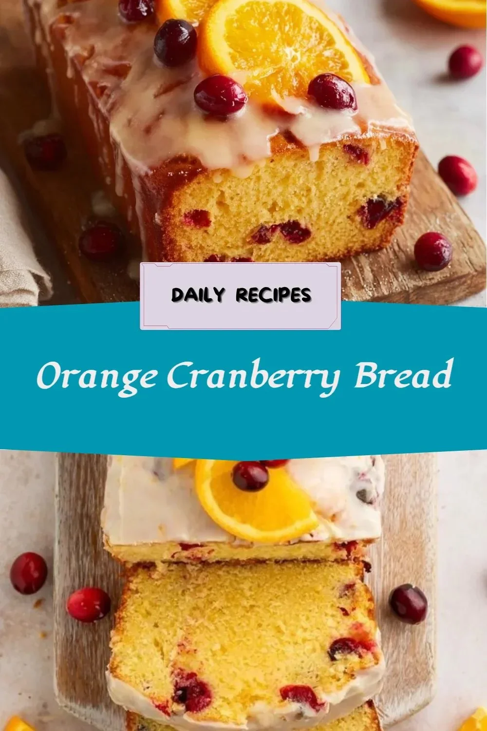 Loaf of homemade orange cranberry bread with vibrant cranberries and orange zest.