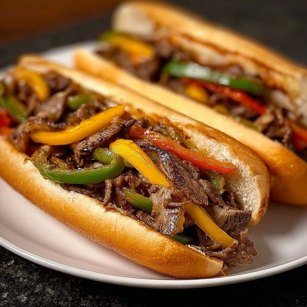 Delicious homemade Philly Cheesesteak sandwich with melted cheese and fresh ingredients