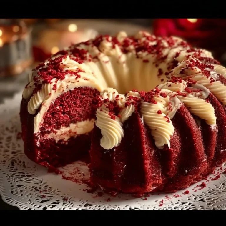 A delectable Red Velvet Cheesecake Bundt Cake topped with cream cheese frosting.