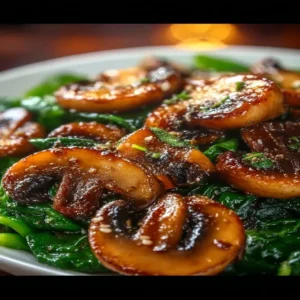 Plate of sautéed mushrooms with fresh spinach garnished with herbs