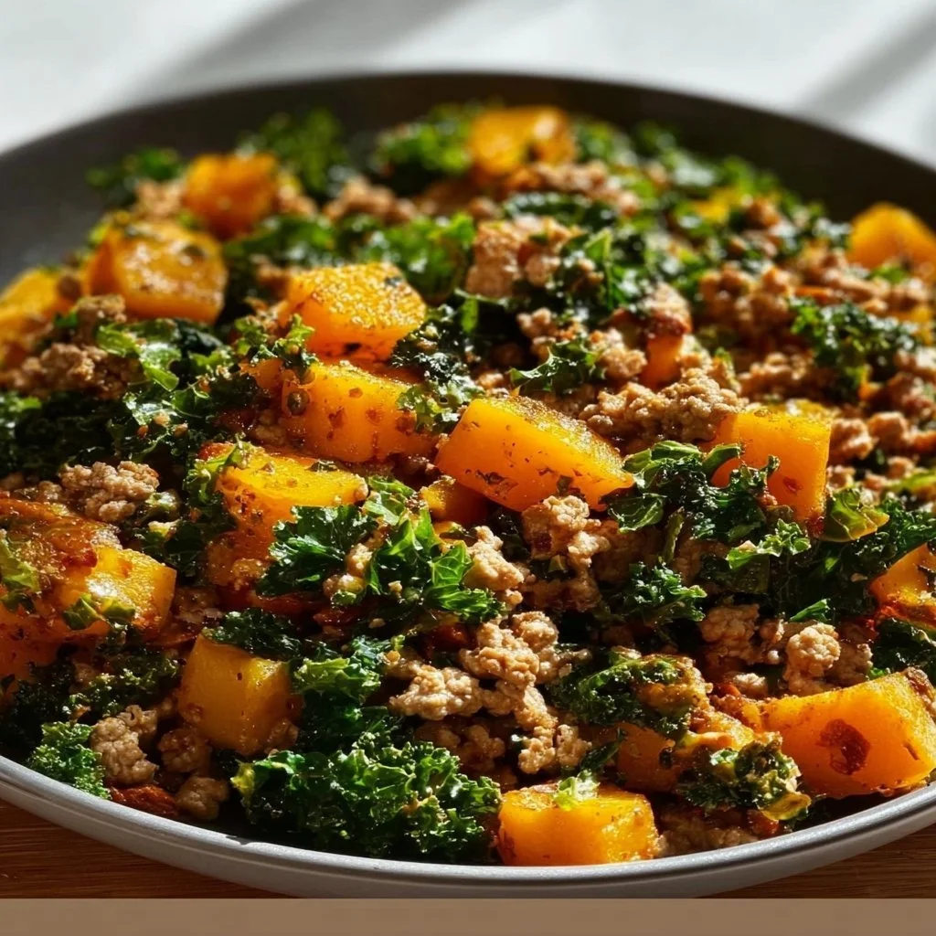 Turkey Sweet Potato Skillet meal with colorful vegetables in a cast iron pan